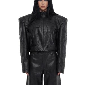 power shoulder moto jacket - Black