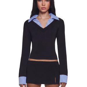 Eleanor Collared Long Sleeve Top - Striped