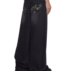 Sinful Attitude Wide Leg Jeans - Black Glitter