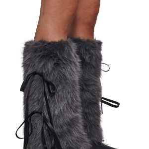 Midnight Muse Bow Faux Fur Warmers - Gray