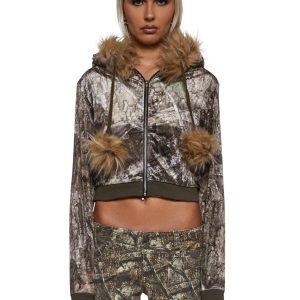 Camo Velour Hoodie With Faux Fur Trim
