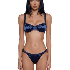 Yacht Party Satin Braided Bikini Set - Navy