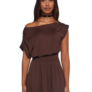 Crush Damage Off The Shoulder Dress - Brown