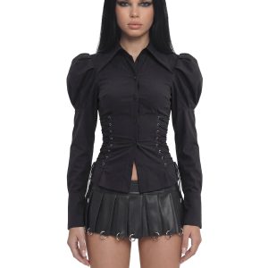 Puff Sleeve Corseted Shirt - Black