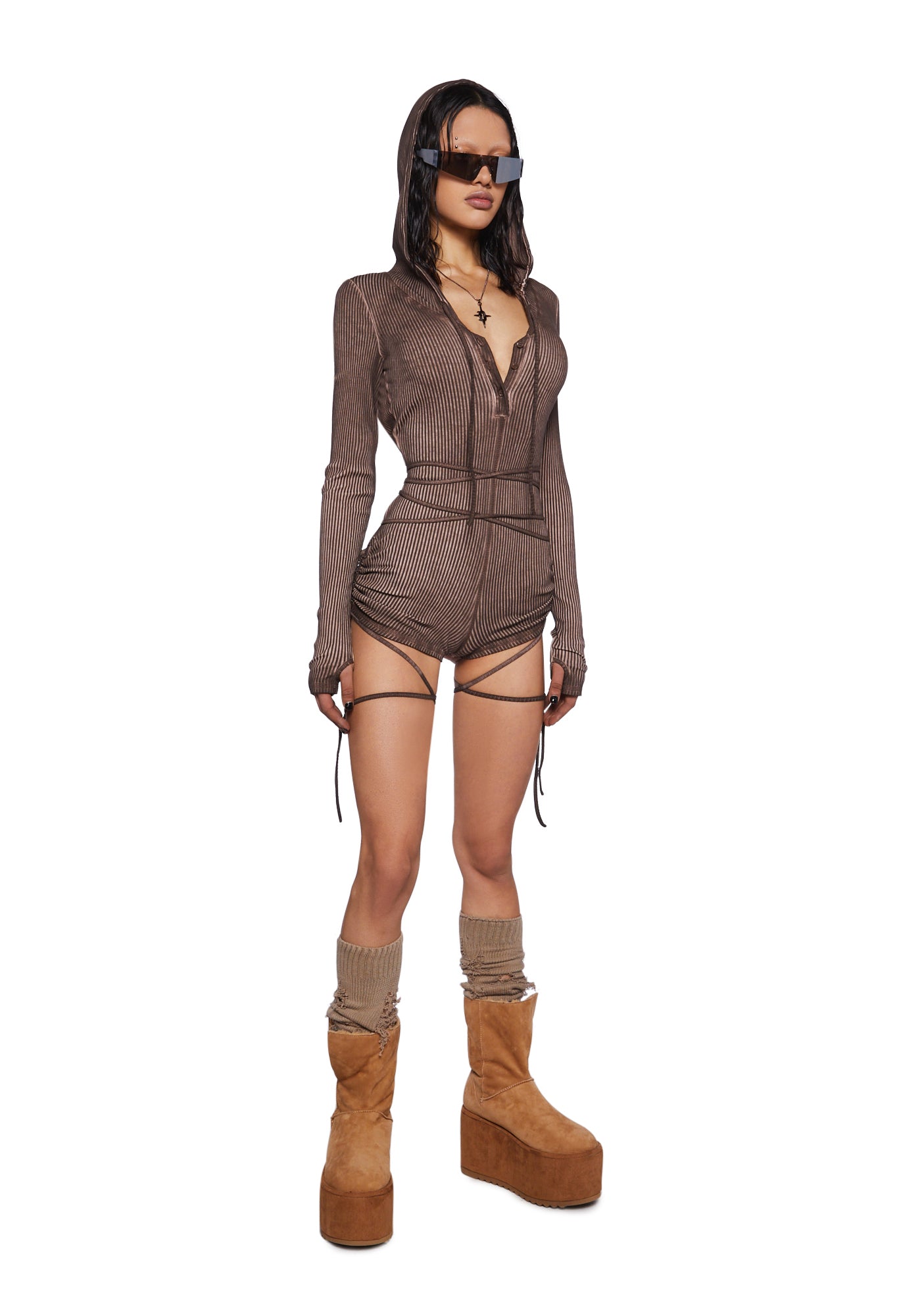 Crossfade Hooded Long Sleeve Romper - Brown - Image 2