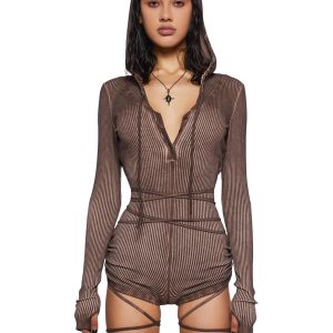 Crossfade Hooded Long Sleeve Romper - Brown