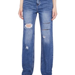 Distressed High Rise Straight Denim Jeans -  Dark Blue