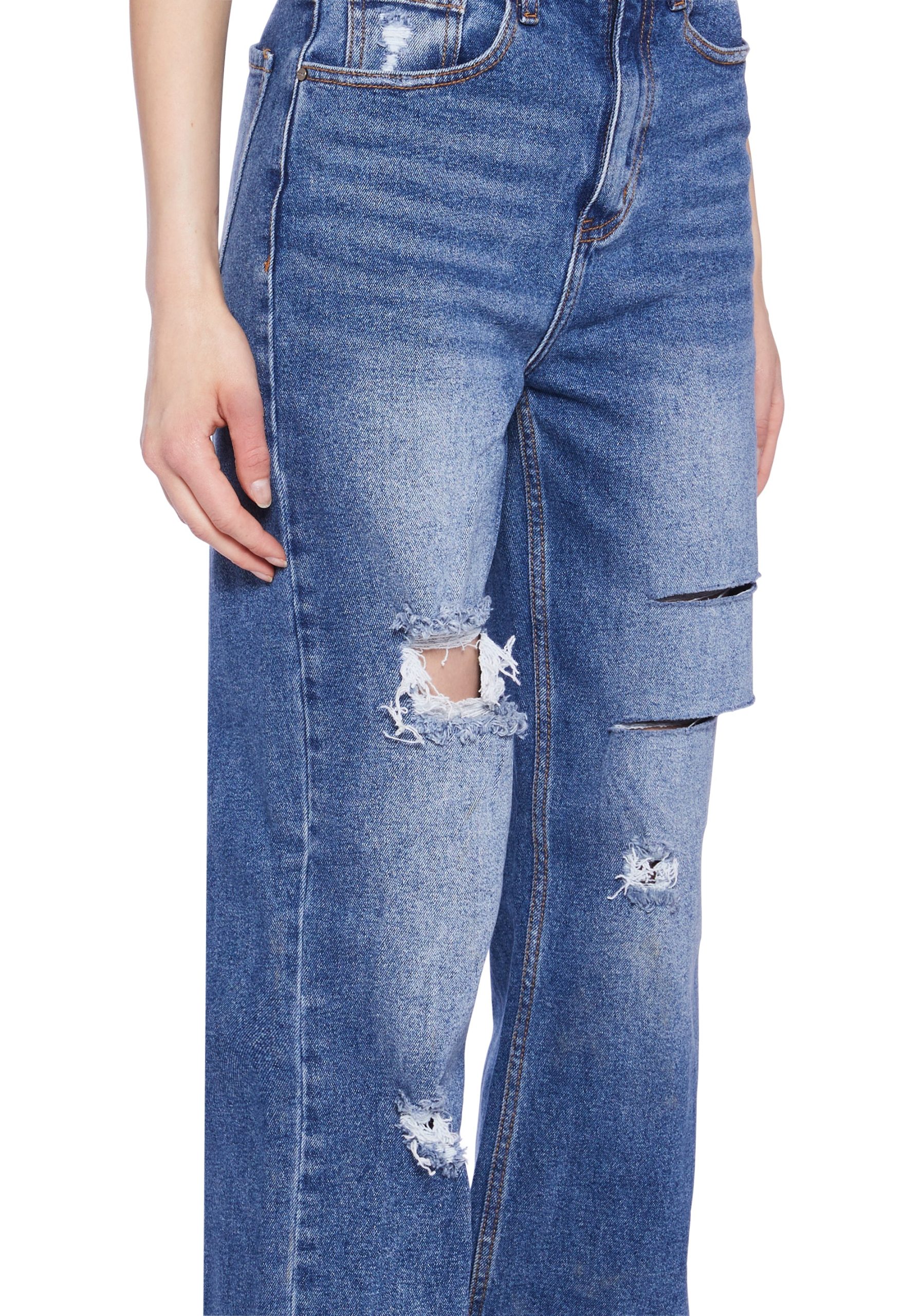 Distressed High Rise Straight Denim Jeans -  Dark Blue - Image 5