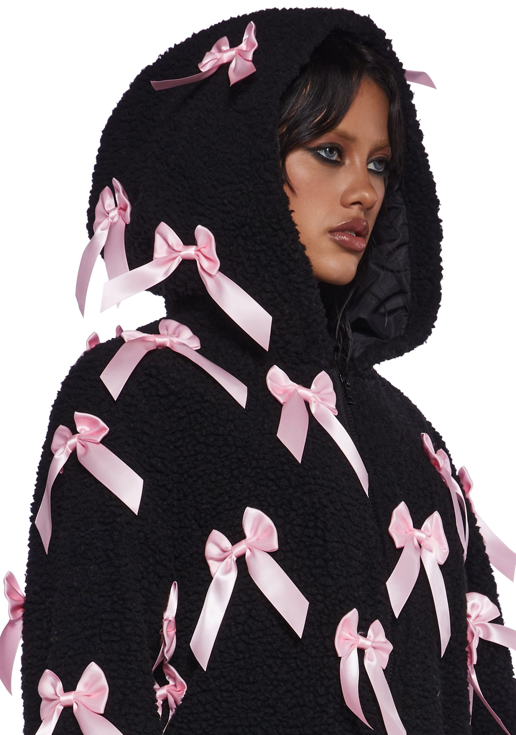 Pinky Promise Hooded Sherpa Jacket - Black - Image 5