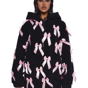 Pinky Promise Hooded Sherpa Jacket - Black