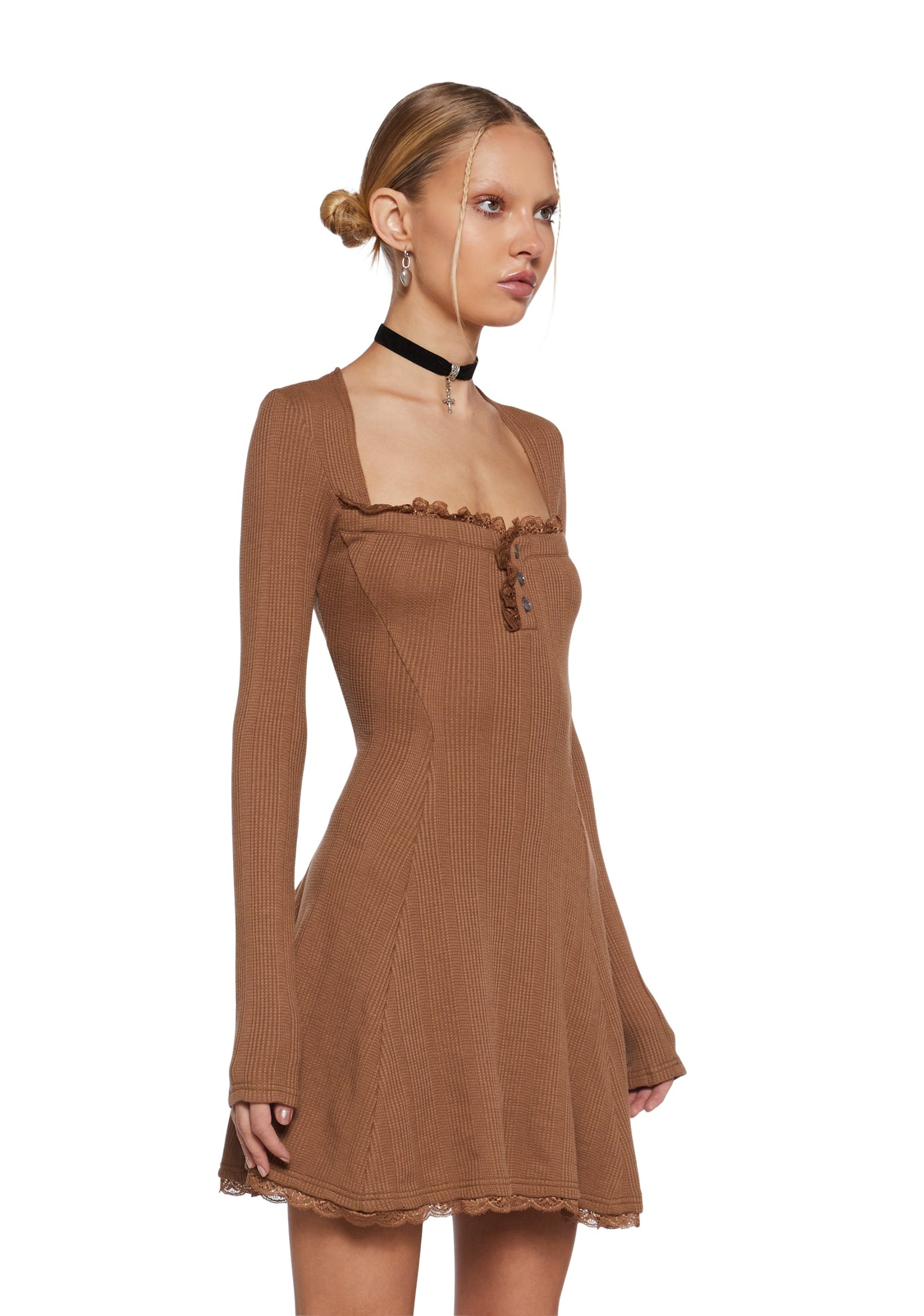 Mid Century Date Thermal Dress  - Brown - Image 3