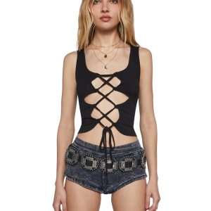 Celestial Bass Lace Up Crop Top - Black
