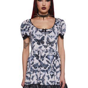 Spirit World Lace Trim Moth Print Dress