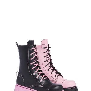 Devil Games Mismatched Combat Boots - Black/Pink